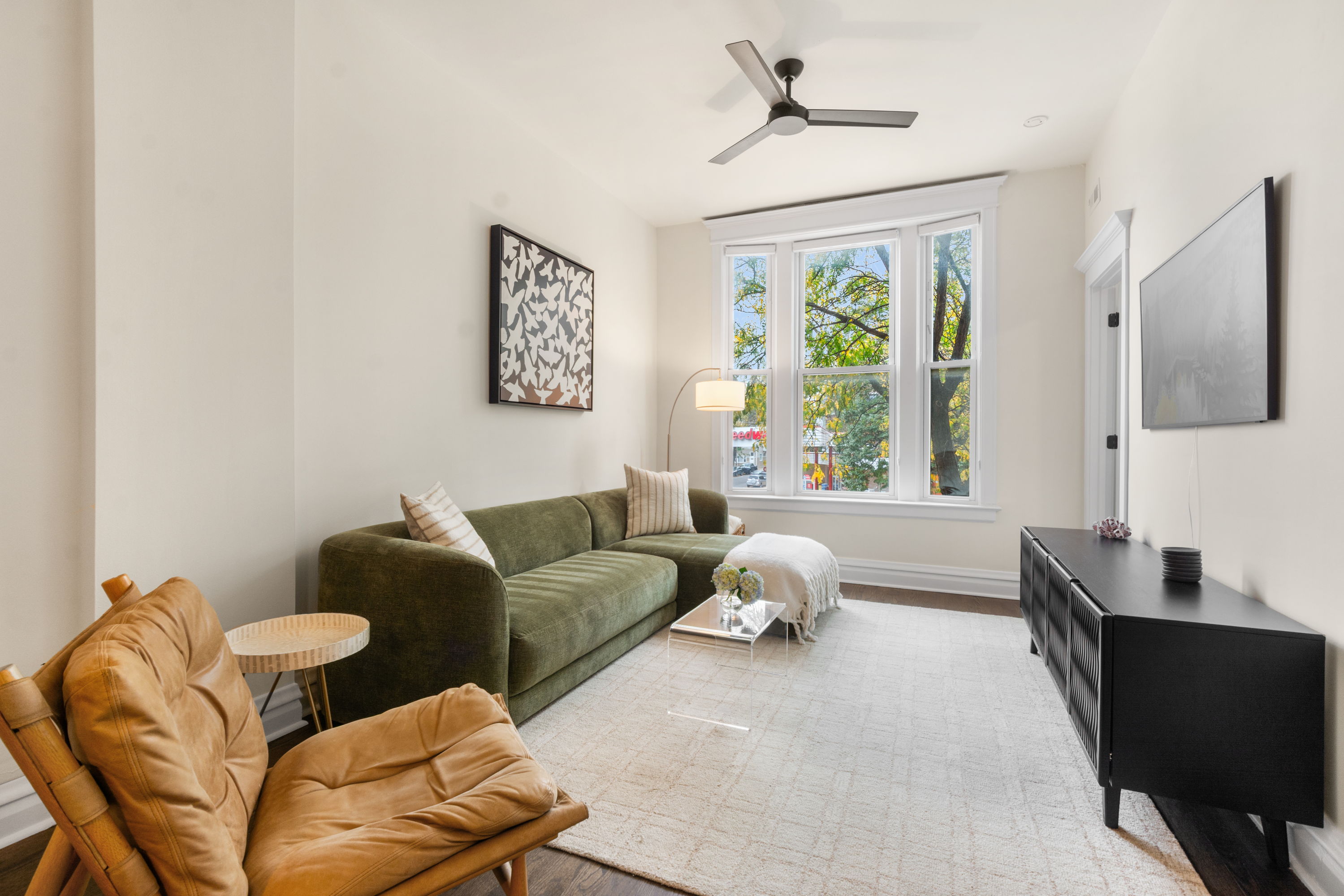 Sunlit living room with an olive velvet sofa and tall windows looking into the trees on Roscoe Street